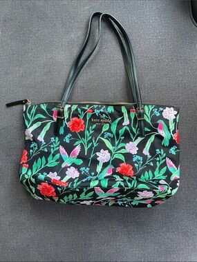kate spade Black Floral & Hummingbird Tote with Green Accents